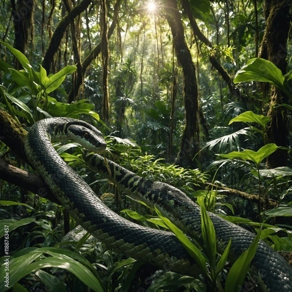 Fototapeta Huge Prehistoric Snake Lurks in Lush Jungle.A snake slithering through a jungle floor covered in tropical leaves.