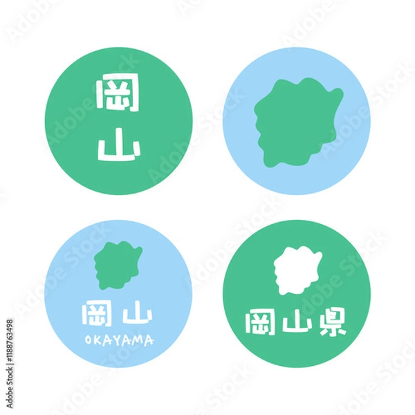 Fototapeta シンプルな日本の岡山地図　イラスト素材　セット