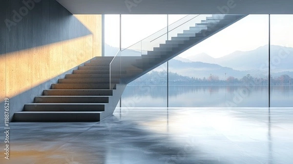 Fototapeta Modern concrete staircase with glass railing in a minimalist building overlooking a lake and mountains.