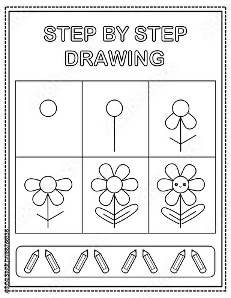 Obraz Cute flower. Book page, drawing step by step. Black and white vector coloring page.