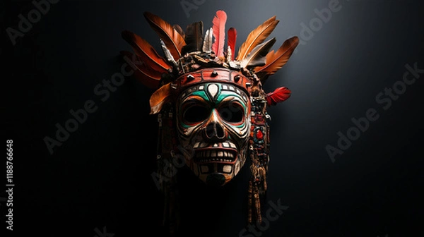 Fototapeta A lone traditional Bolivian mask, adorned with complex designs, appears to float against a plain backdrop.