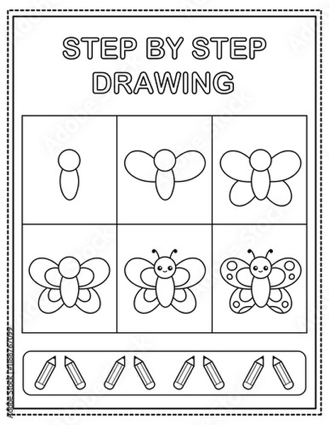 Obraz Cute butterfly. Book page, drawing step by step. Black and white vector coloring page.