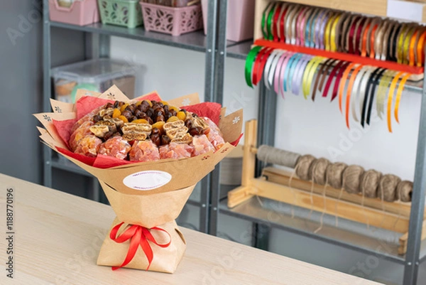 Fototapeta Dried Fruit Bouquet with Red Ribbon on Craft Paper