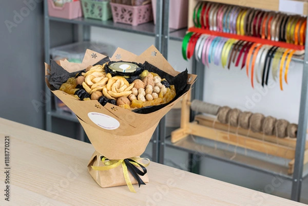 Fototapeta Edible Bouquet with Dried Fruits and Nuts on a Wooden Table