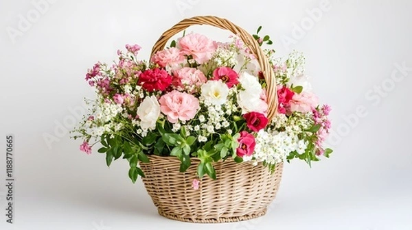 Fototapeta 92. Elegant flower basket placed on a white background, filled with mixed blossoms for festive gifting