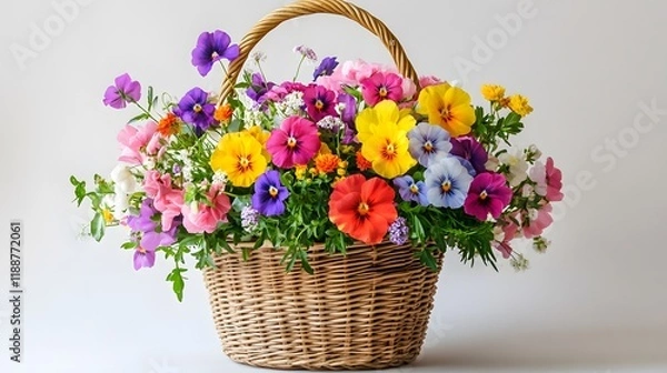 Fototapeta 98. White backdrop featuring a luxurious basket filled with colorful flowers for gifting on festive occasions