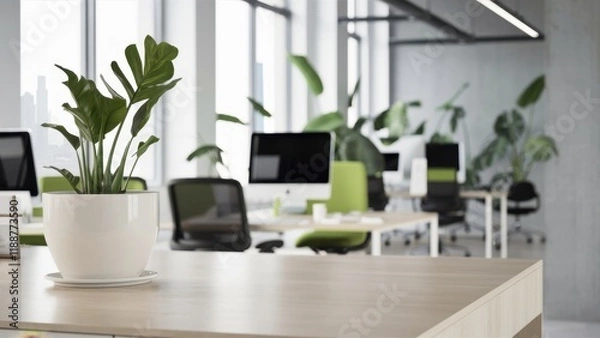 Obraz modern office interior, executive desk, ergonomic chair, computer monitor, city skyline view, floor-to-ceiling windows, potted plant, sleek design, natural light, corporate workspace, high-rise buildi