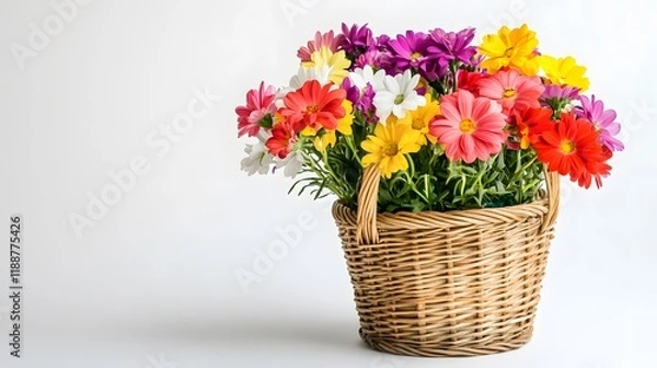 Fototapeta 14. White background featuring a basket with vibrant blossoms, ideal for gifting on a festive event