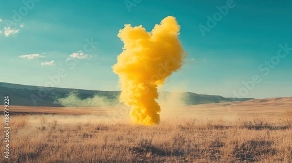 Fototapeta Yellow smoke plume explodes in a dry field under a clear sky.