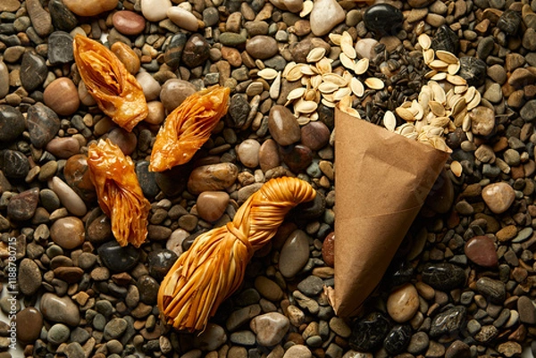 Obraz Still life of baklava, cheese and pumpkin sevens