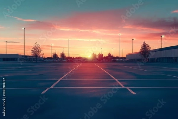 Fototapeta A tranquil scene featuring an empty parking lot at sunset, located near a supermarket, elegantly showcasing vibrant colors painted across the sky, along with the welldefined lines for parking spaces