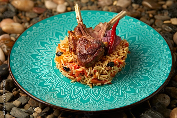 Fototapeta Lamb pilaf on a plate with an oriental ornament