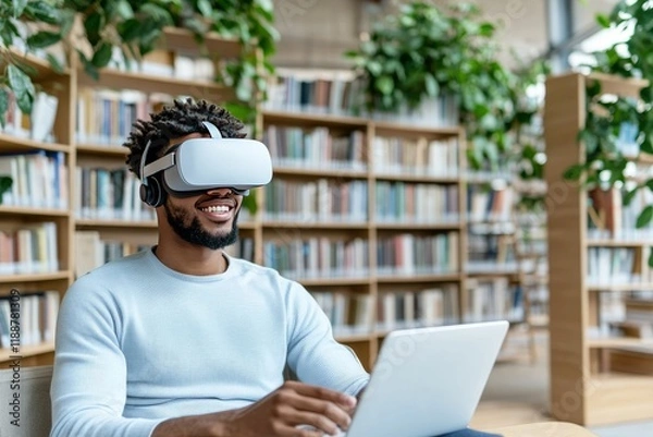 Fototapeta A student wearing a VR headset in a library. Generative AI