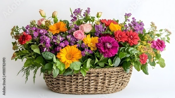 Fototapeta 44. A beautifully arranged flower basket filled with colorful blooms set on a white background, perfect for gifting