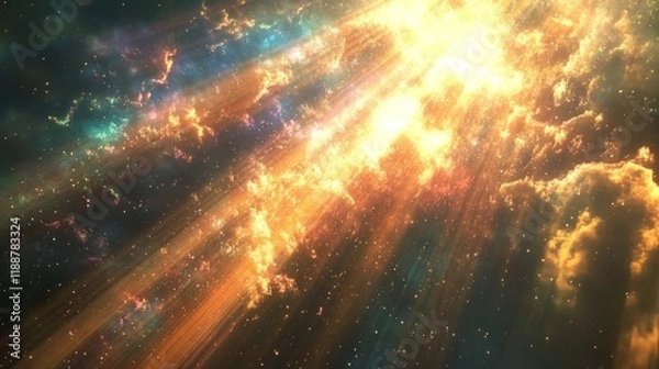 Fototapeta Celestial light rays bursting through colorful clouds in space.