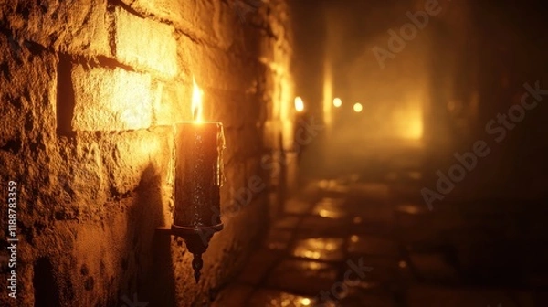 Fototapeta Illuminated Pathway in Dark Stone Corridor with Glowing Candles