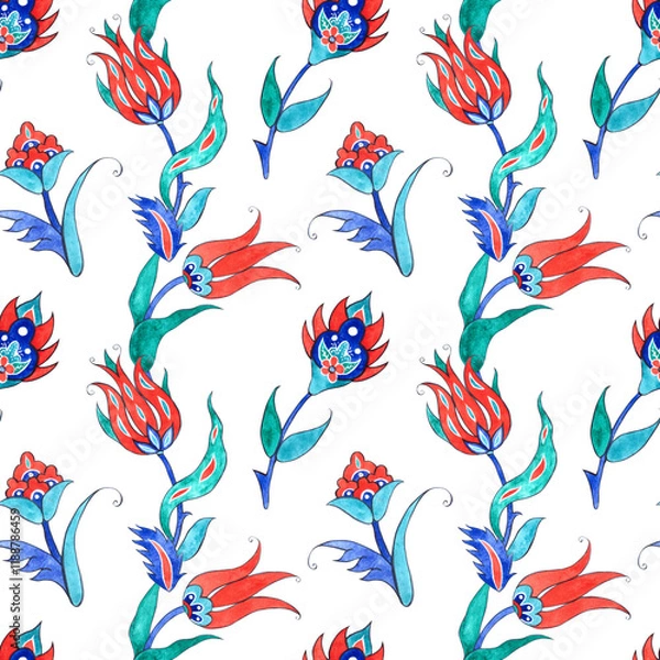 Fototapeta Turkish tulip flowers and leaves, fantasy decor element. Seamless pattern of watercolor illustrations in oriental style. For design, souvenirs, printing, textiles, wallpaper