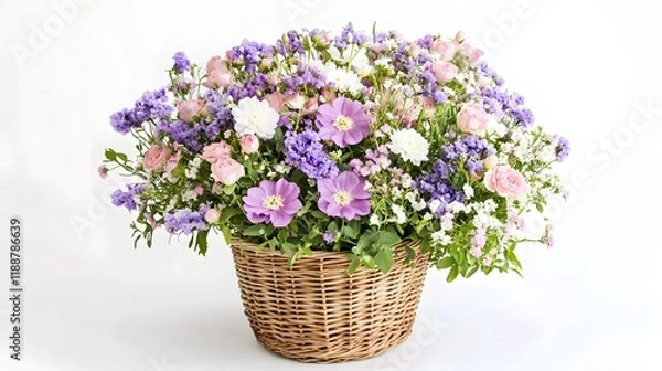 Fototapeta 62. Freshly arranged flowers in a basket on a white background, ideal for an elegant gift for special occasions