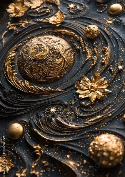 Fototapeta Detailed 3D Design of Celestial Patterns in Gold and Silver with Varied Textures