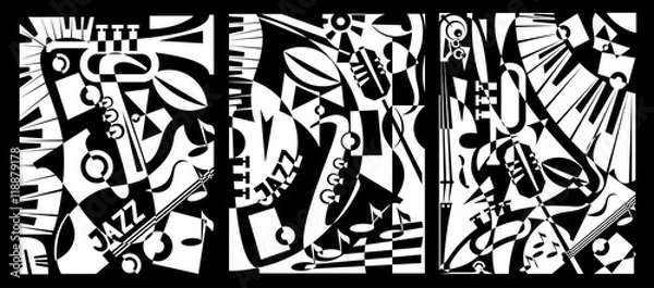 Fototapeta Zaprojektuj baner muzyki jazzowej w stylu retro abstrakcji geometrycznej. Malowanie jako tryptyk. Ilustracji wektorowych