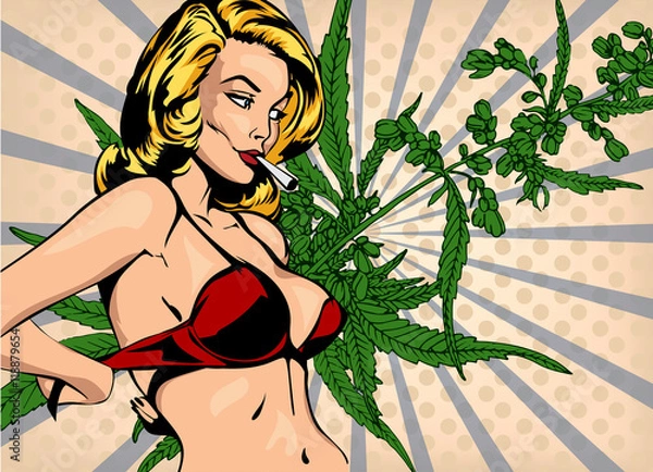 Obraz Smoking lady undressed, take off bra. The marijuana leafs on the background, vector image