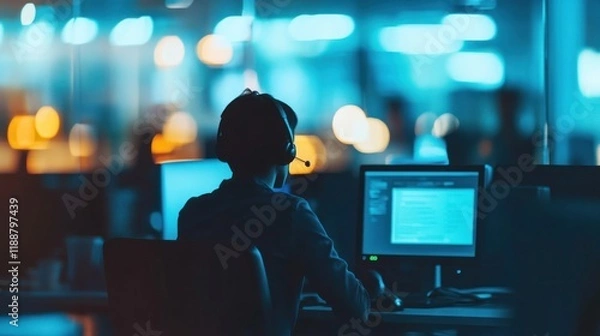 Fototapeta Night shift call center agent working at computer.
