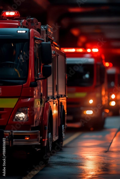 Fototapeta Brave firefighters in action honoring international firefighters' day with fire trucks and safety lights. Vertical banner. Copy space. Dangerous and risky professions, rescue service