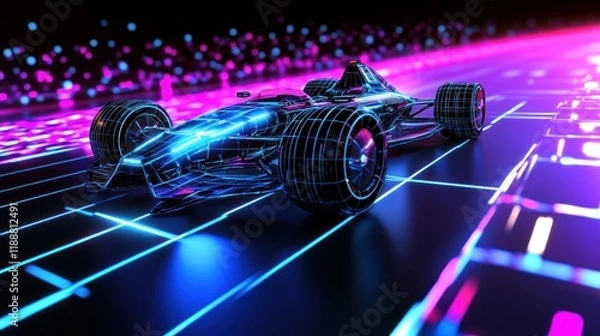 Fototapeta Futuristic wireframe race car speeding on a neon track.