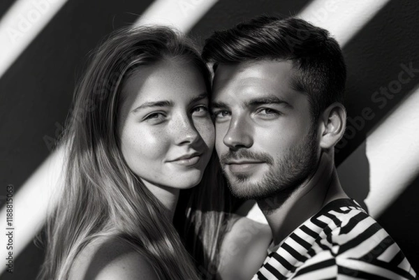Fototapeta Couple Embracing Modern Artistry, striking pose against bold black-and-white striped backdrop, showcasing contemporary style and vibrant connection
