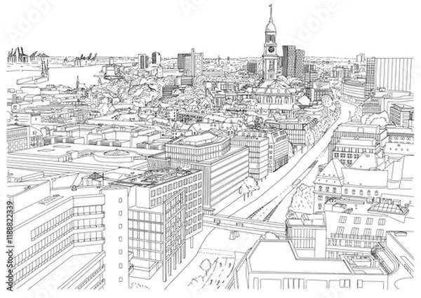 Fototapeta Hamburg Skyline with St Michael Church and Port View, Vector Illustration