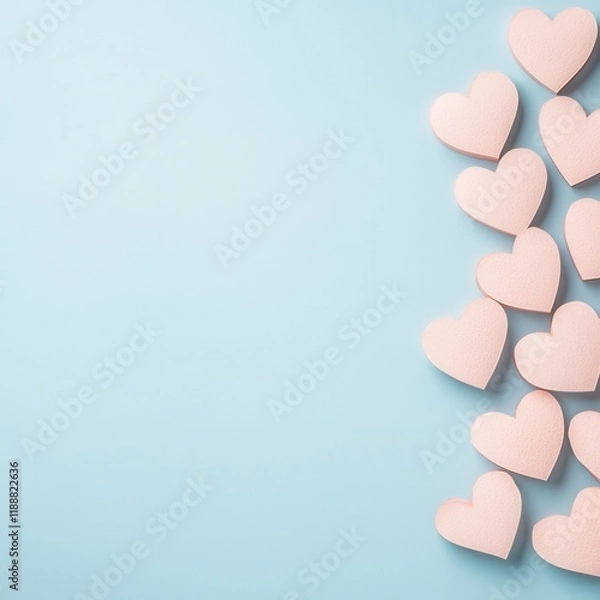 Fototapeta Soft pink hearts arranged on a light blue background, creating a charming and romantic aesthetic.