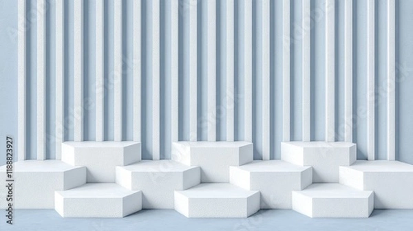Fototapeta Abstract Minimalist 3D Render: Geometric White Steps Against a Blue Striped Wall