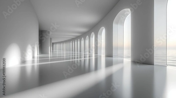 Fototapeta Modern minimalist architecture; curved hallway with arched windows overlooking the ocean at sunset.