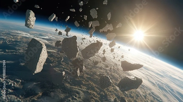 Fototapeta Asteroid fragments falling towards Earth, a breathtaking space scene.