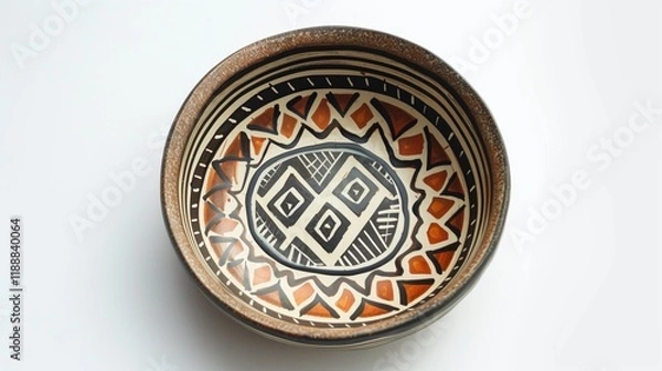 Fototapeta A hand-painted ceramic plate with tribal patterns and earthy tones displayed against a white background.