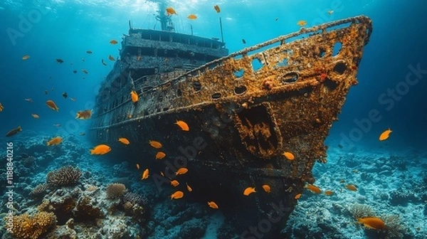 Fototapeta Sunken Shipwreck, a mesmerizing underwater scene teeming with vibrant marine life. An old rusty vessel resting on the ocean floor, surrounded by colorful coral reefs and schools of fish.