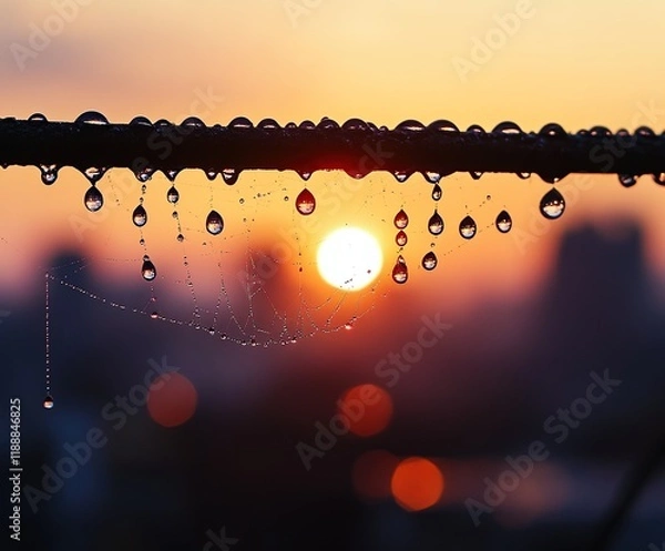 Fototapeta Sunrise Dewdrops Adorn Spiderweb Strands with Golden Light Reflecting, Nature's Masterpiece at Dawn