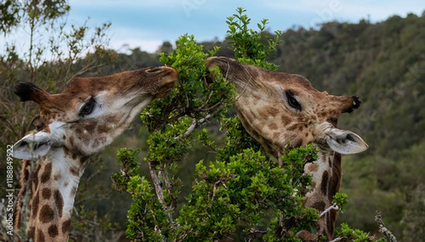 Obraz Close up of two giraffe facing each other and feeding on leaves in a tree