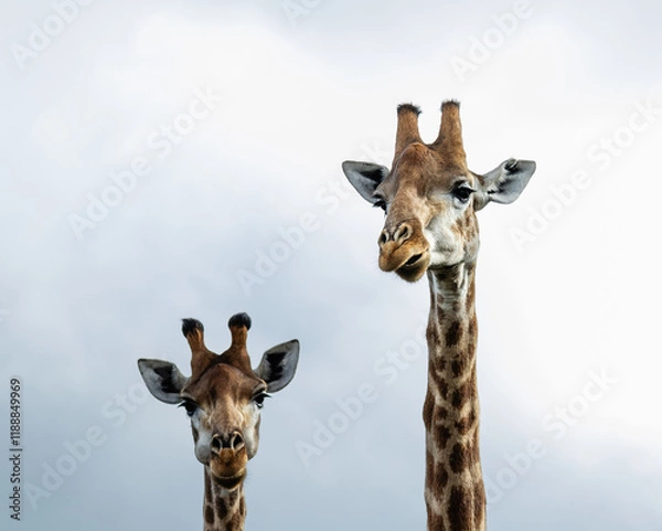 Fototapeta Neck and head of two giraffe looking at the camera with clear sky background