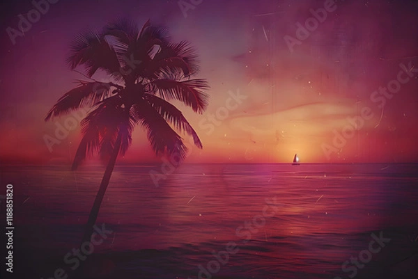 Fototapeta JL Schlender's Artwork - A Mesmerizing Beach Sunset with Solitary Palm Tree and Distant Boat