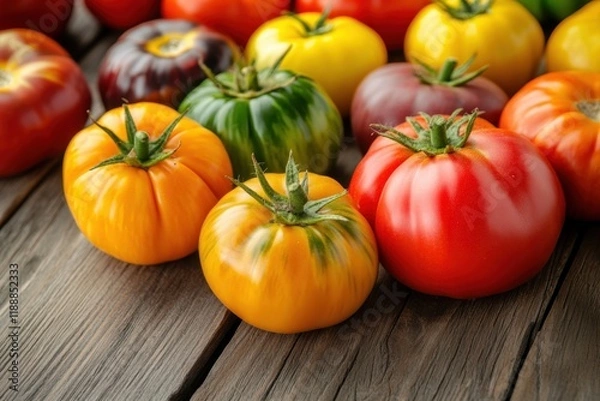Fototapeta Vibrant heirloom tomato showcase local farmers market food photography rustic setting close-up view celebrating fresh produce and culinary diversity