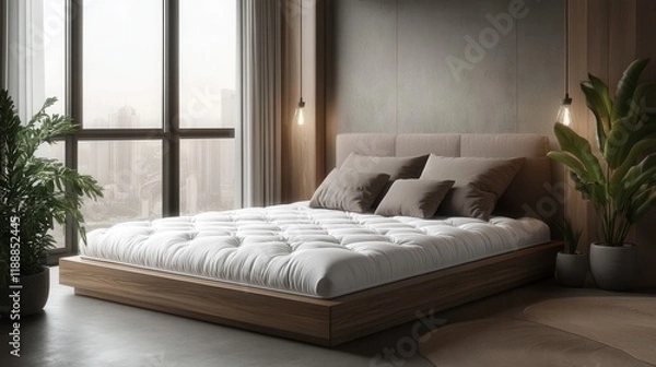 Fototapeta Modern platform bed with plush mattress, natural light. Perfect for showcasing comfort, relaxation, and modern bedroom design.