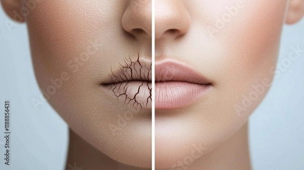 Fototapeta A close-up view highlights the stark contrast between dry, cracked lips and well-hydrated, smooth lips. This medical assessment illustrates the importance of proper lip care and hydration.