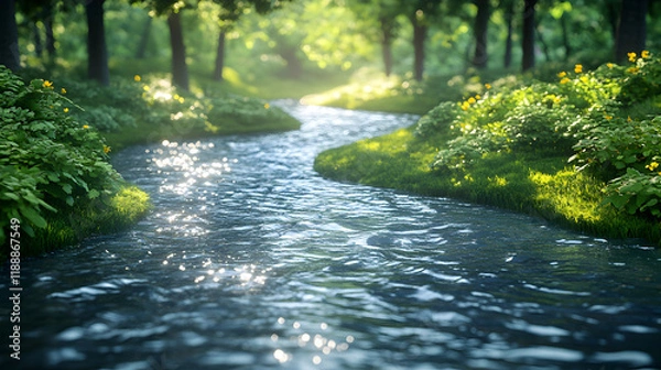 Fototapeta A serene river winding through a lush green forest, illuminated by soft sunlight.