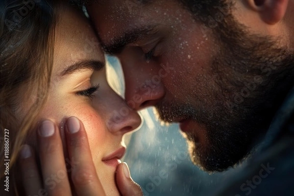Fototapeta Intimate Gesture of Affection, a man gently kissing a woman's hand while gazing into her eyes, capturing a moment of deep connection and tenderness