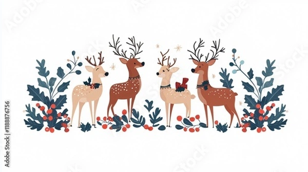 Fototapeta Adorable Reindeer and Helpers Celebrating Christmas with Holly Berries