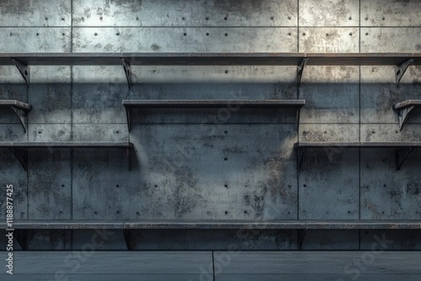 Fototapeta A wall with industrial shelves, a concrete wall, a gray metal background, a floor, the wall has cracks, an empty space for product display,