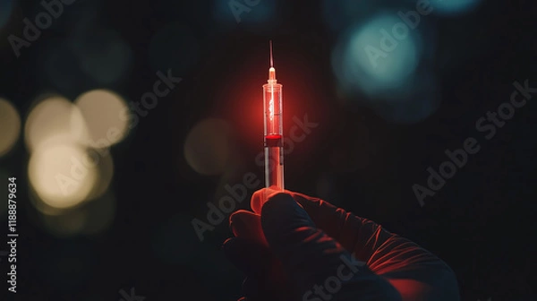 Obraz Glowing syringe held in gloved hand against a dark background creates an eerie atmosphere in a medical context