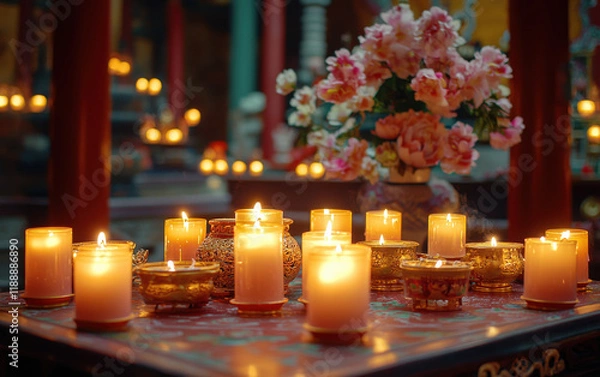 Fototapeta serene display of glowing candles and floral arrangements in traditional setting
