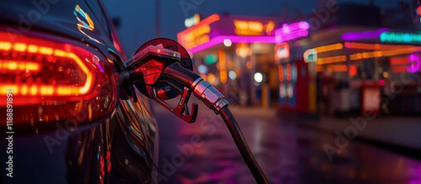 Fototapeta Close up of a fuel pump refueling a car at a gas station, perfect for gas station promotions, automotive fuel efficiency, transportation concepts.